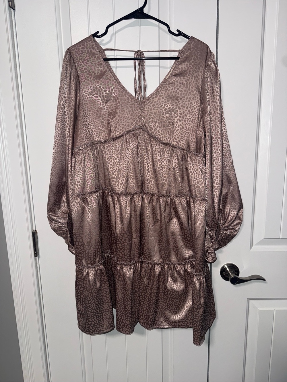 Oddi Satin Tiered V-Neck Long Sleeve Dress in Taupe